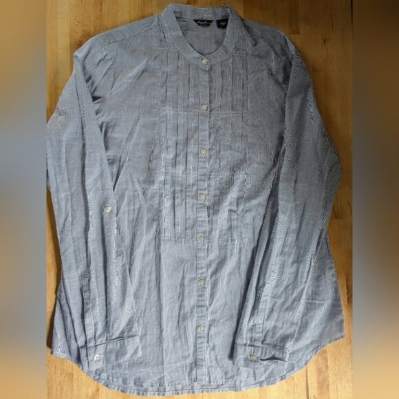 NWOT Eddie Bauer Button Up Blouse Navy White with Band Collar and Pintucks Large - Picture 1 of 9